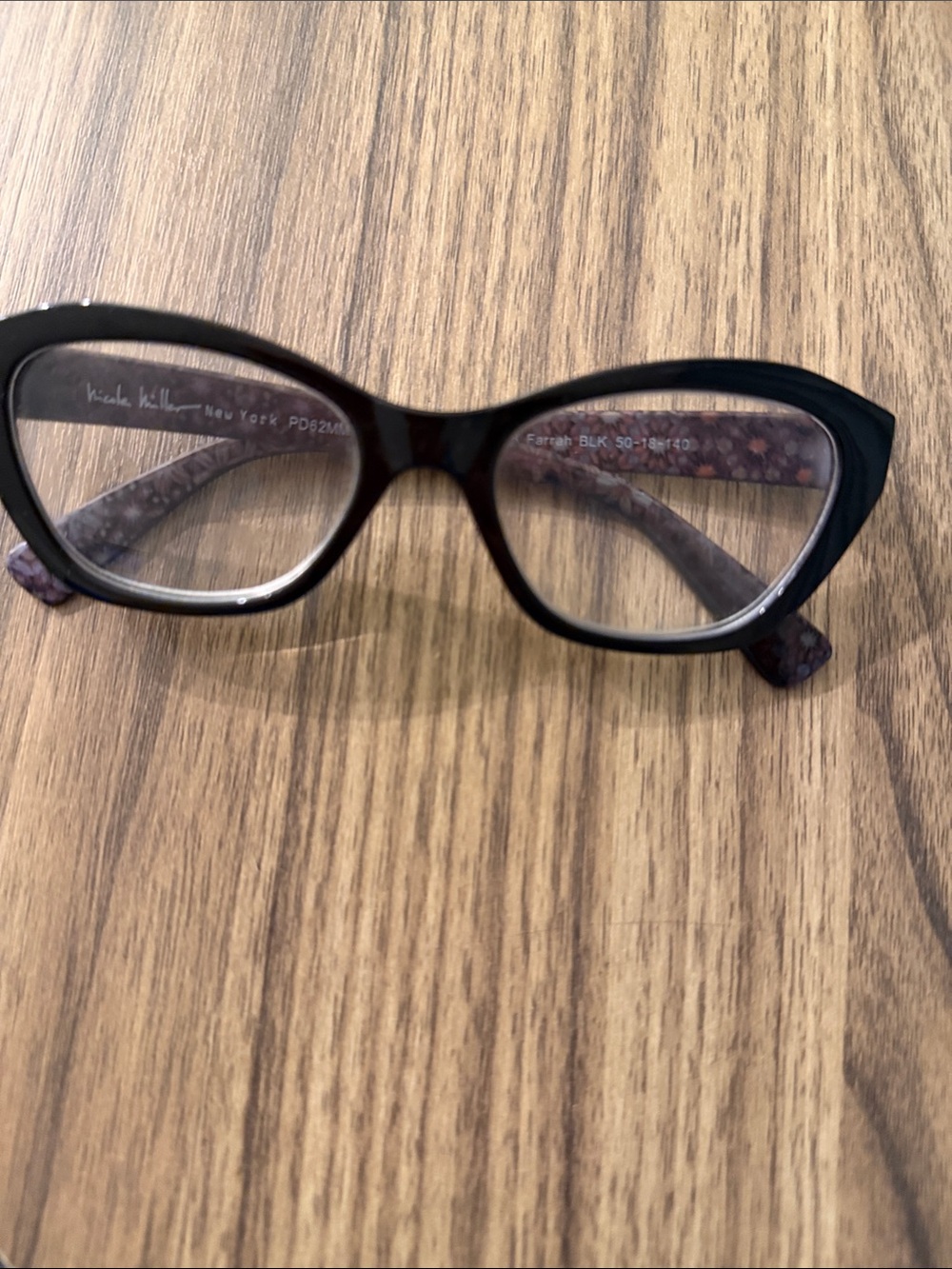 Nicole Miller Black Cat-Eye Glasses with Subtle Floral Temples